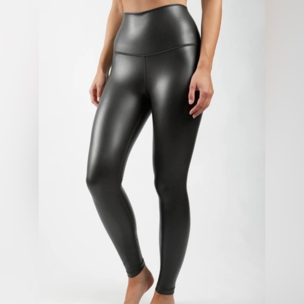 90 DEGREE BY REFLEX | Women's Black Olive Faux Leather Ankle Hi-Rise Leggings